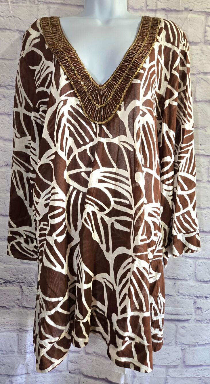 Hermanny By Vix Brown Tan Beaded Bodice Island Print Swim Cover Up L NWTS
